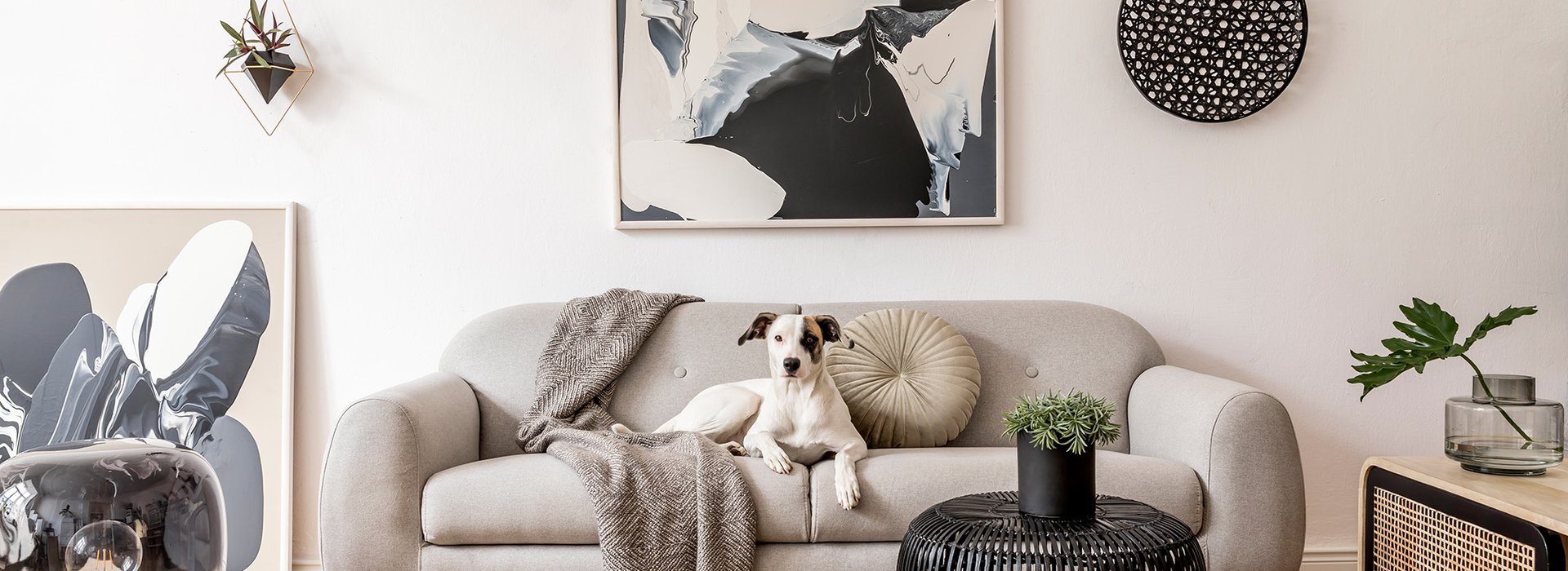 Interior design of living room at nice scandinavian apartment with stylish furnitures and elegant accessories